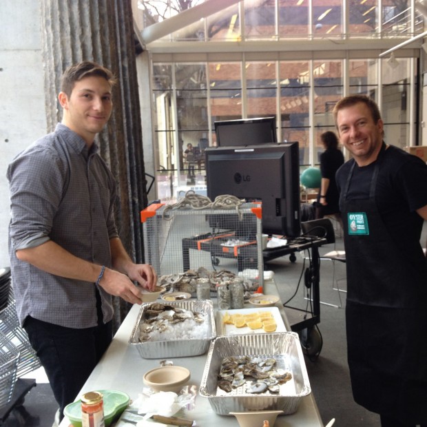 Deniz Bertuna and Chris Johnson help us with preparations for serving oysters on the half shell to critics. 