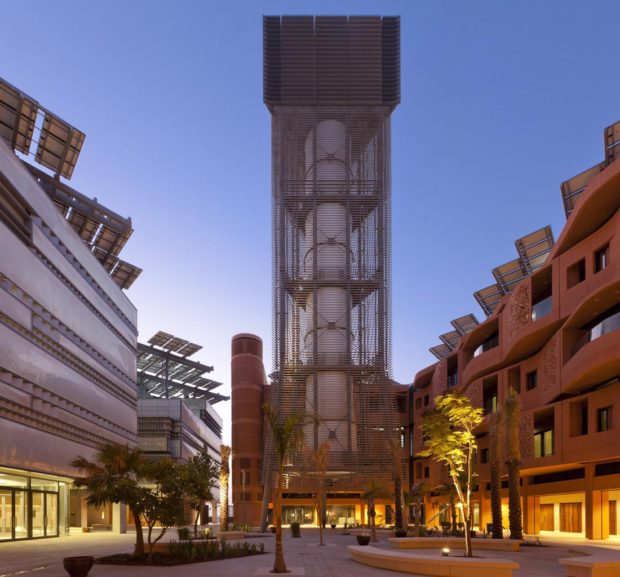 Masdar Institute Courtyard showing the wind tower. Image Copyright: Nigel Young/ Foster+Partners